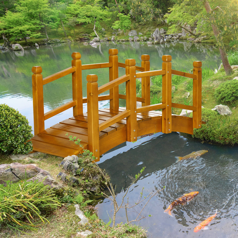 Outsunny Garden Bridge with Safety Railings for Pond Creek Stream, Brown