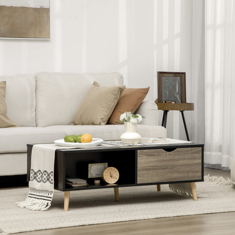 HOMCOM Modern Coffee Tables for Living Room w/ Shelves & Two Drawers, Black
