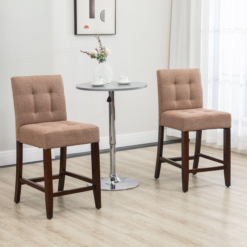 HOMCOM Modern Fabric Bar Stools Set of 2 Bar Chairs with Back Wood Legs Brown