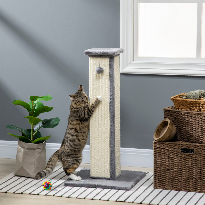 PawHut 81cm Cat Scratching Post w/ Sisal Rope, Hanging Ball, Soft Plush - Grey