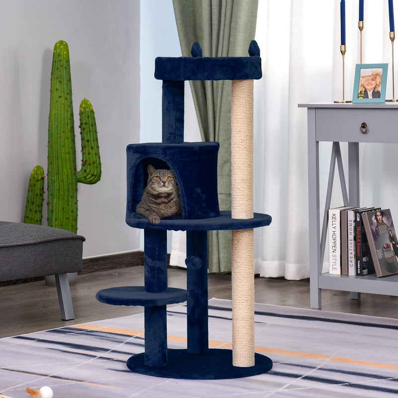 PawHut 4 Tiers 104cm Cat Tree W/ Scratching Posts Perches  Hanging Ball, Blue