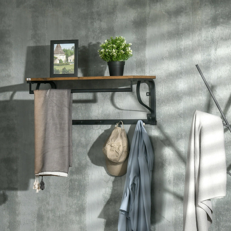 HOMCOM Floating Shelf Wall Mounted Shelf with 5 Hooks and Hanging Rod Brown
