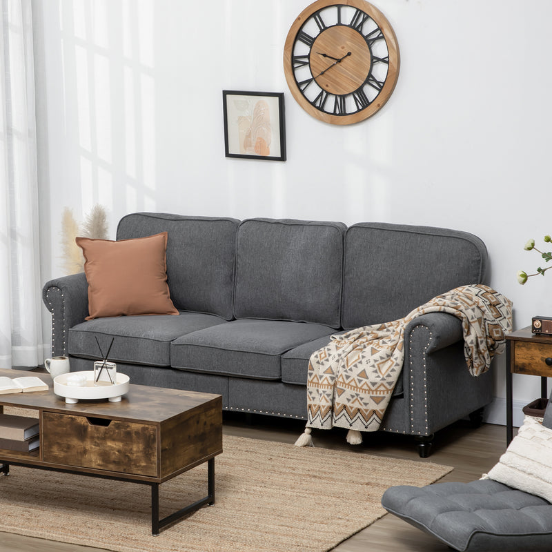 HOMCOM 3 Seater Sofas Fabric Couch with Nailhead Trim and Cushions Grey