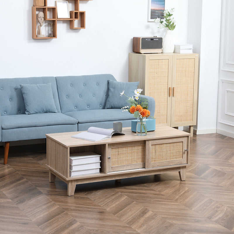 HOMCOM Coffee Table with Storage, Tea Table with Sliding Doors & Natural Rattan