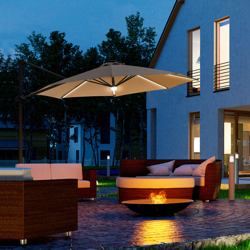 Outsunny 3(m) LED Cantilever Parasol Outdoor with Base Solar Lights Brown