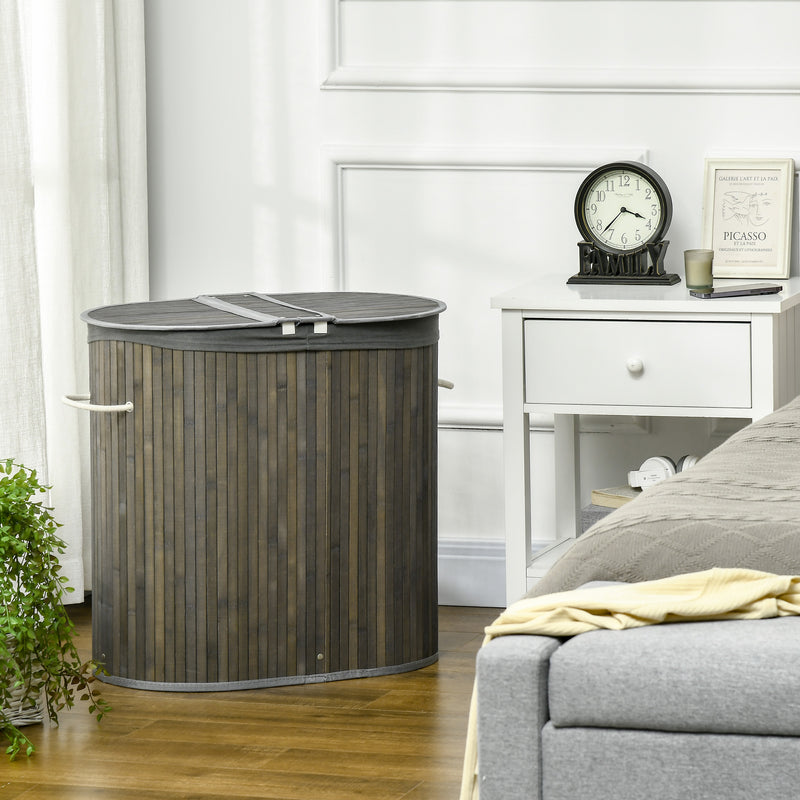 HOMCOM 100L Bamboo Laundry Basket w/ 2 Compartments Washing Baskets Grey