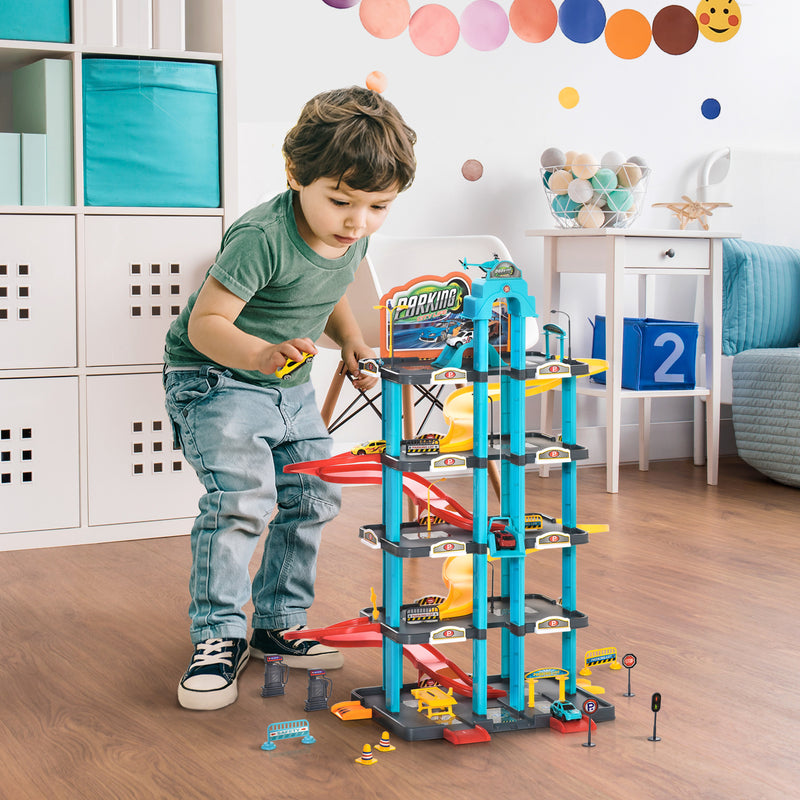 HOMCOM 5-Level Car Parking Garage Toy Race Tracks Car Ramp Set Toddler Car Game