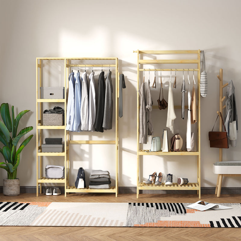 HOMCOM Bamboo Coat Rack w/ Hooks Hanging Rail and Storage Shelf for Entryway