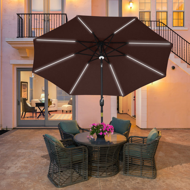 Outsunny 2.7m Garden Parasol Summer Shelter w/ LED Solar Light Crank Tilt Coffee