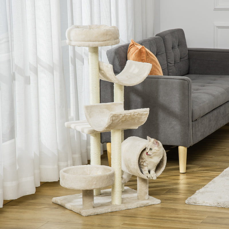 PawHut Cat Tree For Indoor Cats With Scratching Post Perch Tunnel Beige
