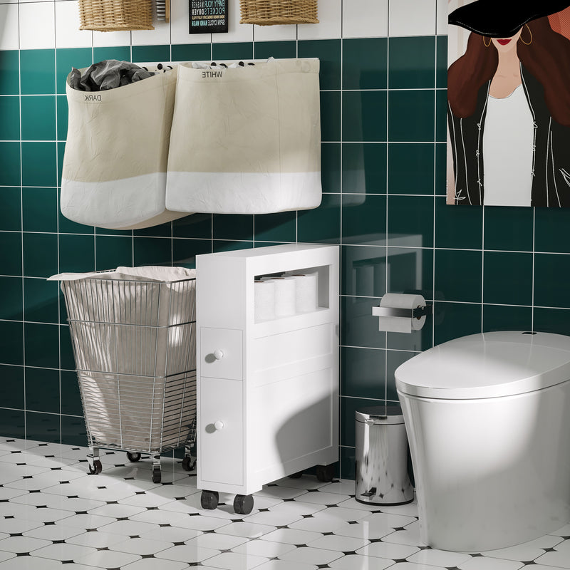 HOMCOM 72x16cm Narrow Bathroom Storage Unit 2 Drawers Open Top 4 Wheels Slimline