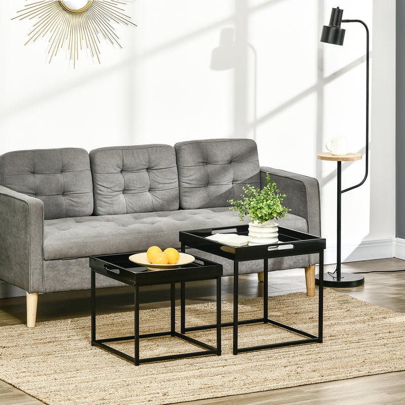 HOMCOM Coffee Table Set of 2 High Gloss Nest of Tables with Steel Frame, Black