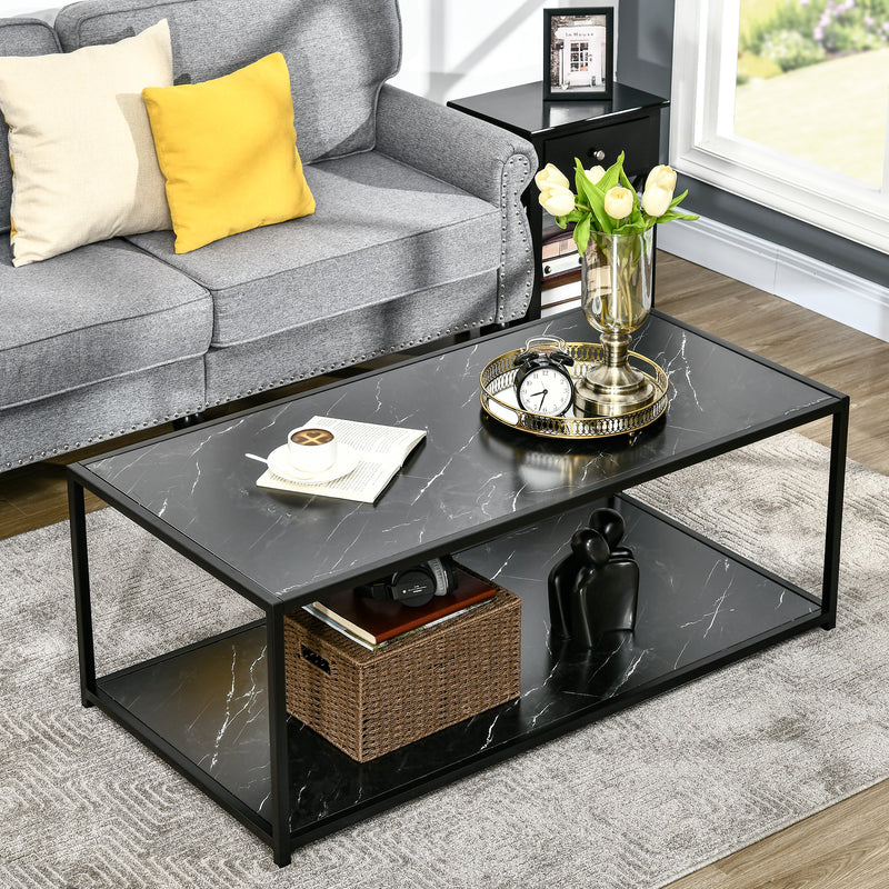 HOMCOM Coffee Table Cocktail Table w/ Faux Marble Top and Steel Frame, Black