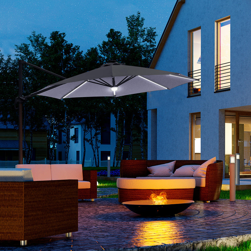 Outsunny 3(m) LED Cantilever Parasol Outdoor with Base Solar Lights Grey