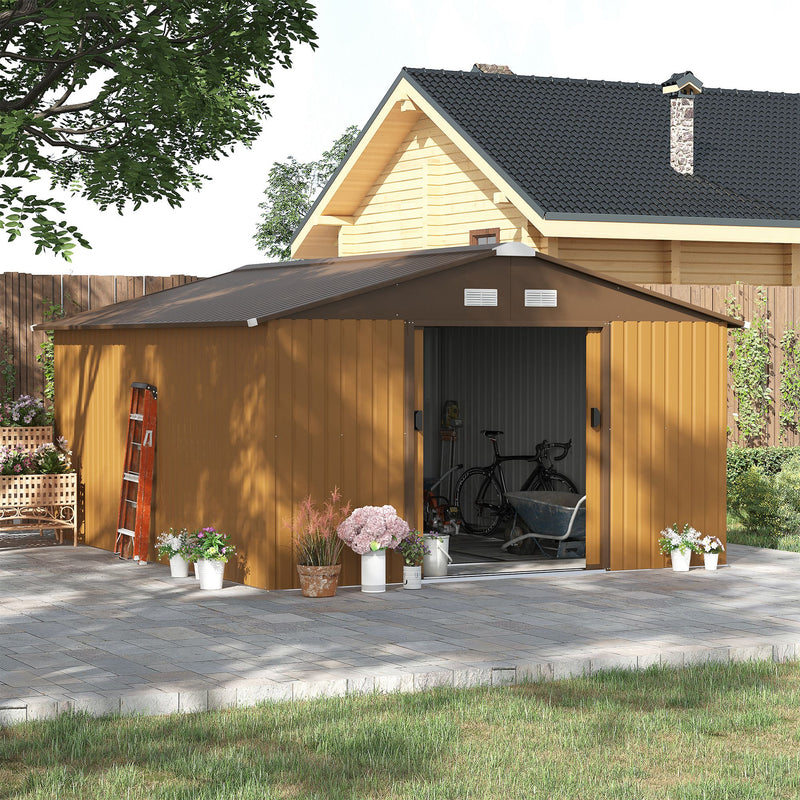 Outsunny 13 X 11ft Outdoor Garden Storage Shed w/2 Doors Galvanised Metal Yellow