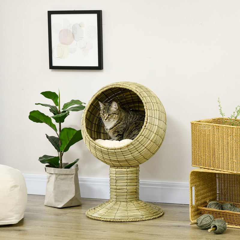 PawHut Raised Cat House, Natural Mat Grass Cat Bed w/ Stand Cushion, ?41x 69 cm