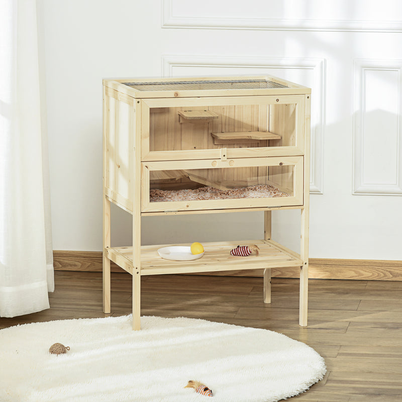 PawHut Wooden Hamster Cage w/ Storage Shelf, Openable Top for Gerbils and Mice