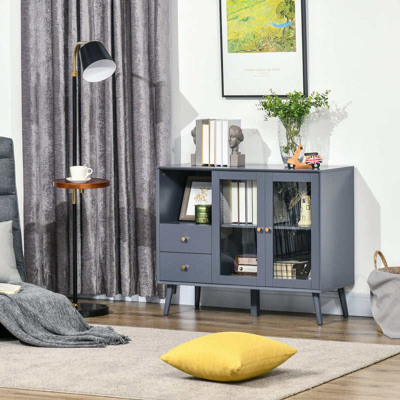 HOMCOM Modern Sideboard, Glass Door Buffet Cabinet with 2 Drawers, Grey