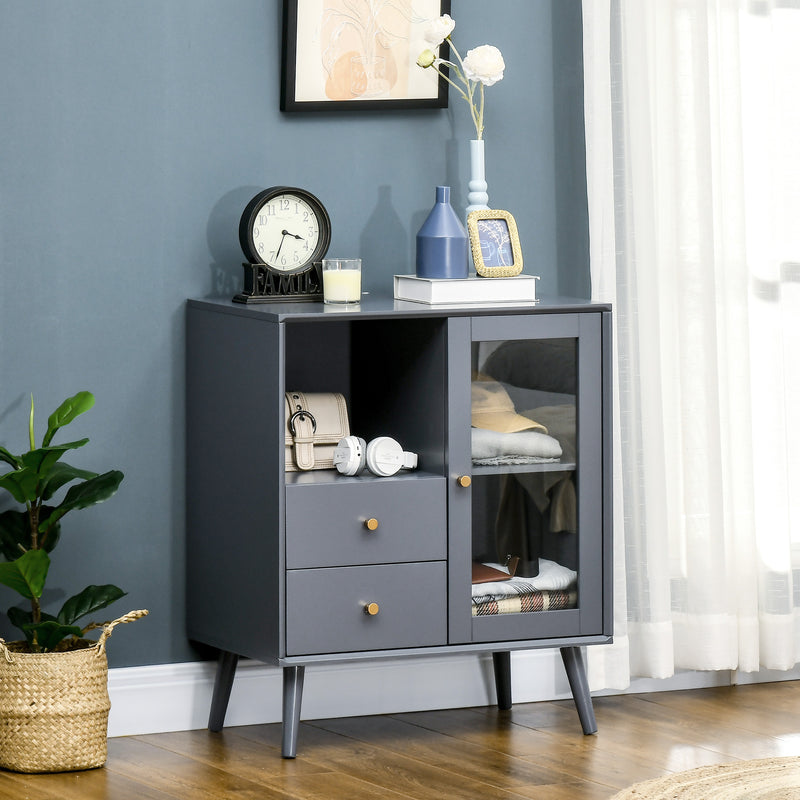 HOMCOM Modern Sideboard Cabinet, Glass Door Cupboard with 2 Drawers, Grey