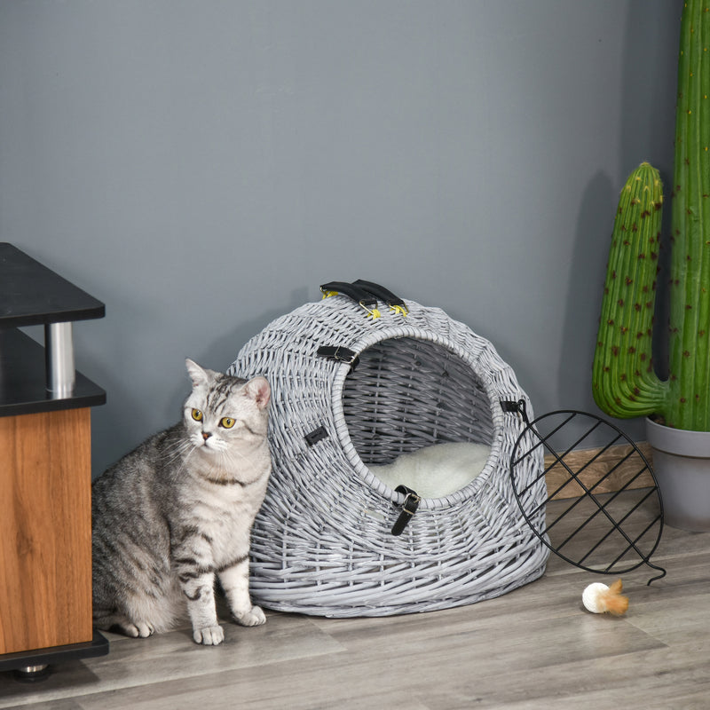 Wicker Cat Basket W Mat Handle Kitten Pussy Enclosed Bed Portable G