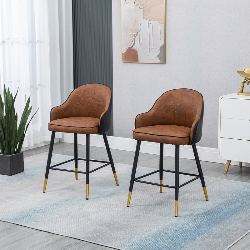 HOMCOM Modern Bar Stools Set of 2, PU Leather Bar Chairs with Steel Legs, Brown