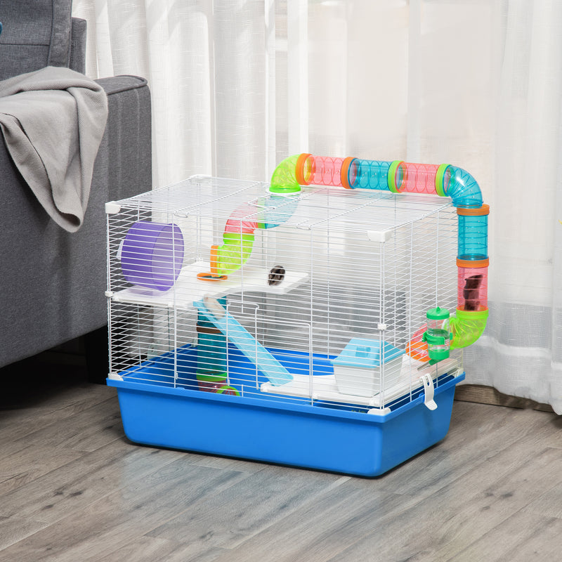 PawHut Hamster Cage w/ Tubes Exercise Wheel, Water Bottle, Food Dish -  Blue