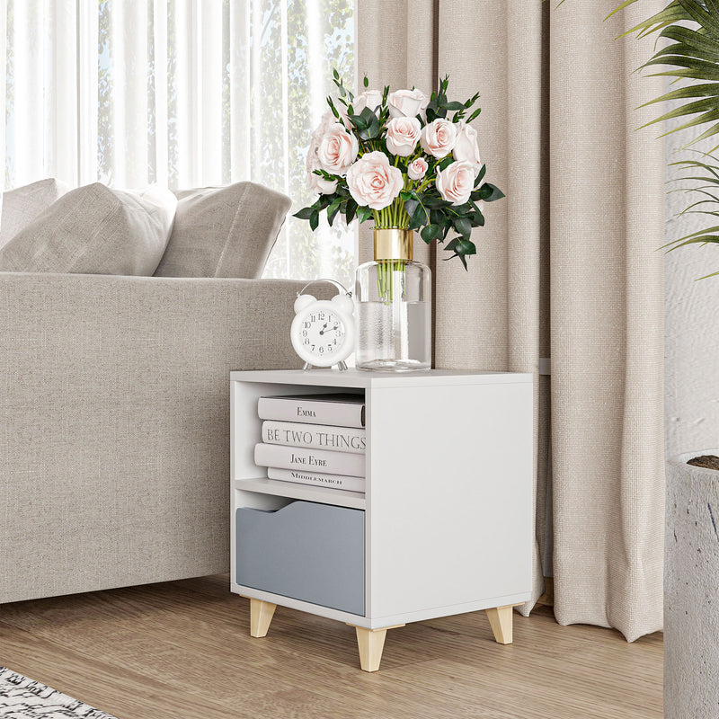 HOMCOM Bedroom Bedside Table, Sofa Side Table with Drawer Shelf and Wood Legs