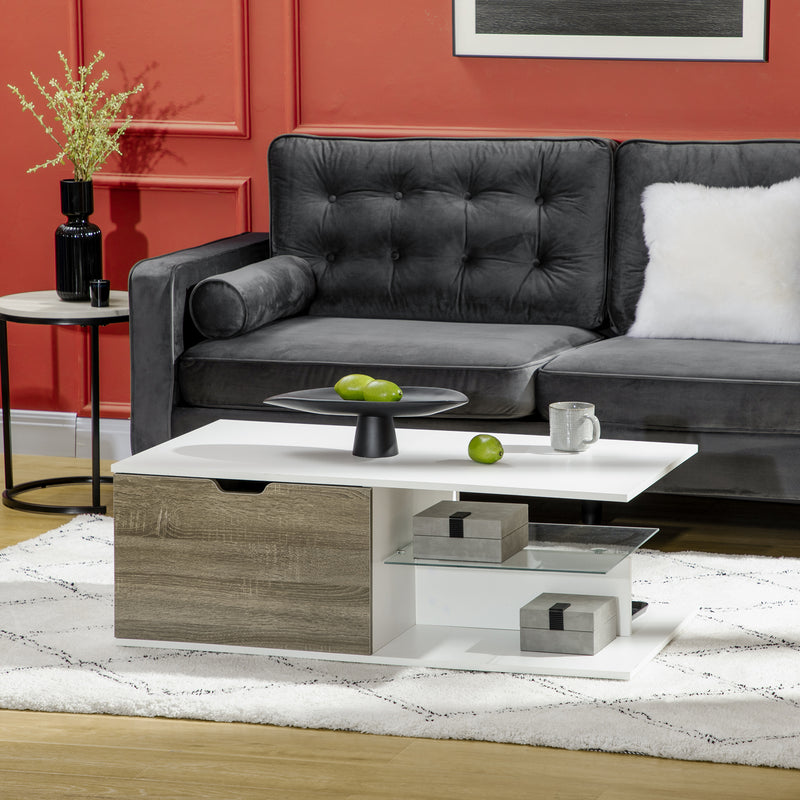 HOMCOM Modern Coffee Table w/ Tempered Glass Shelve, Drawers for Living Room