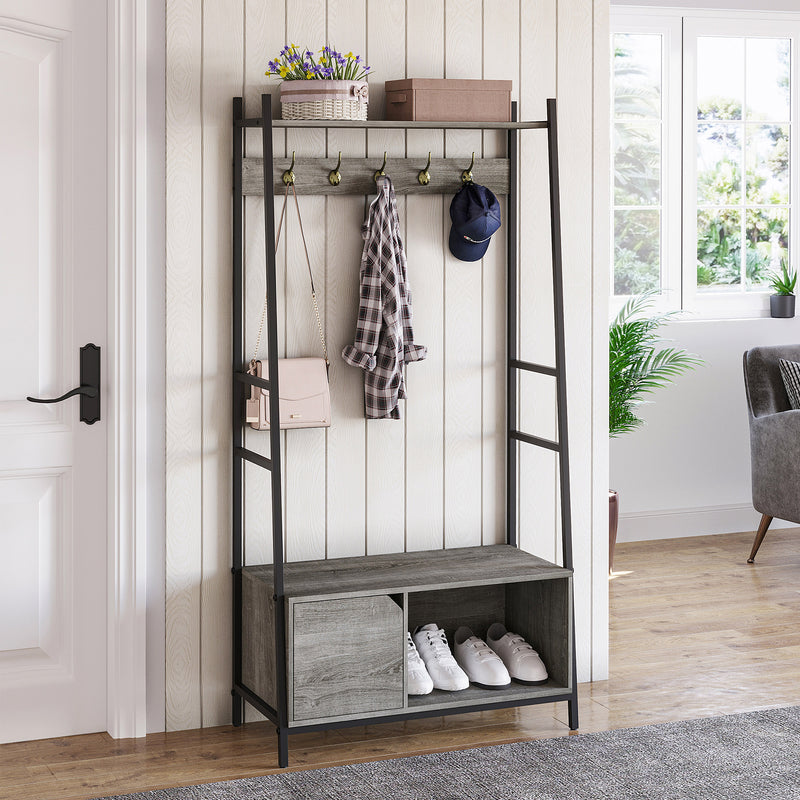 HOMCOM Coat Rack Stand, Shoe Bench with 5 Hooks and Storage Cabinet Grey