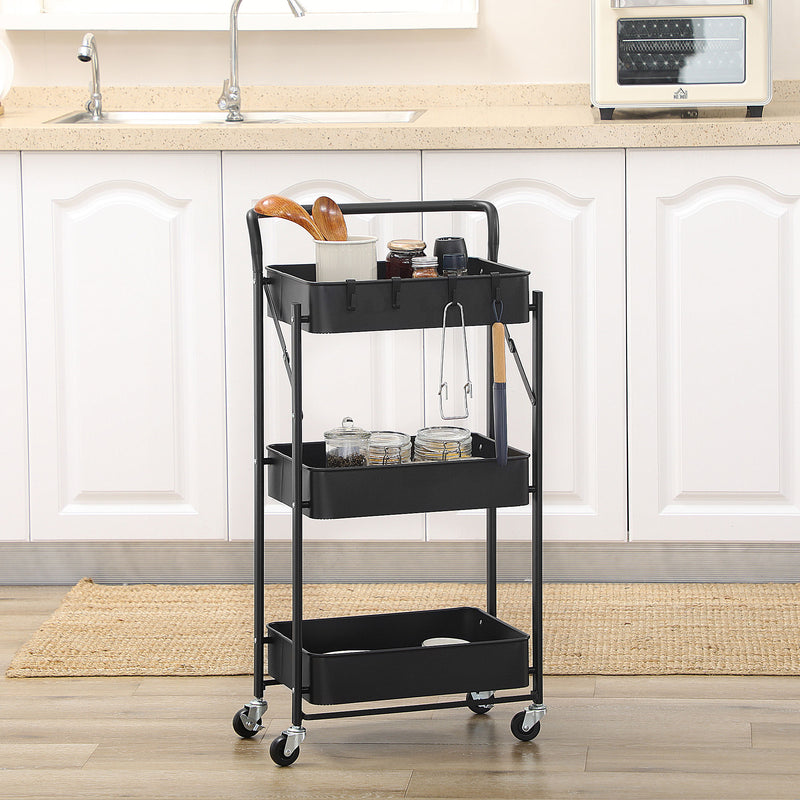 HOMCOM Rolling Utility Cart with 3 Mesh Basket 4 Hooks for Kitchen Black
