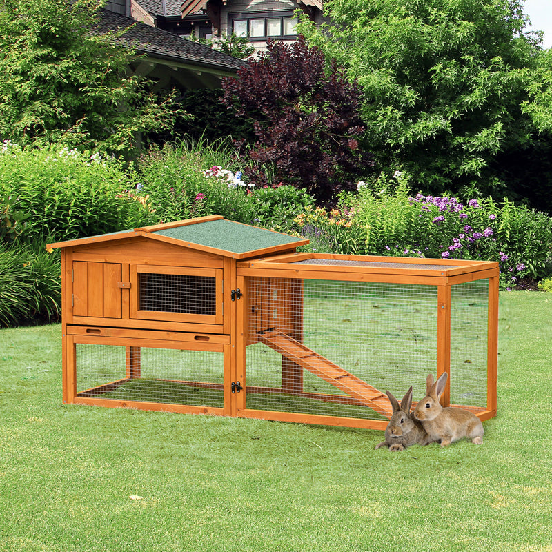 PawHut Rabbit Hutch and Run Outdoor w/ Sliding Tray Hay Rack Ramp, 156x58x68 cm