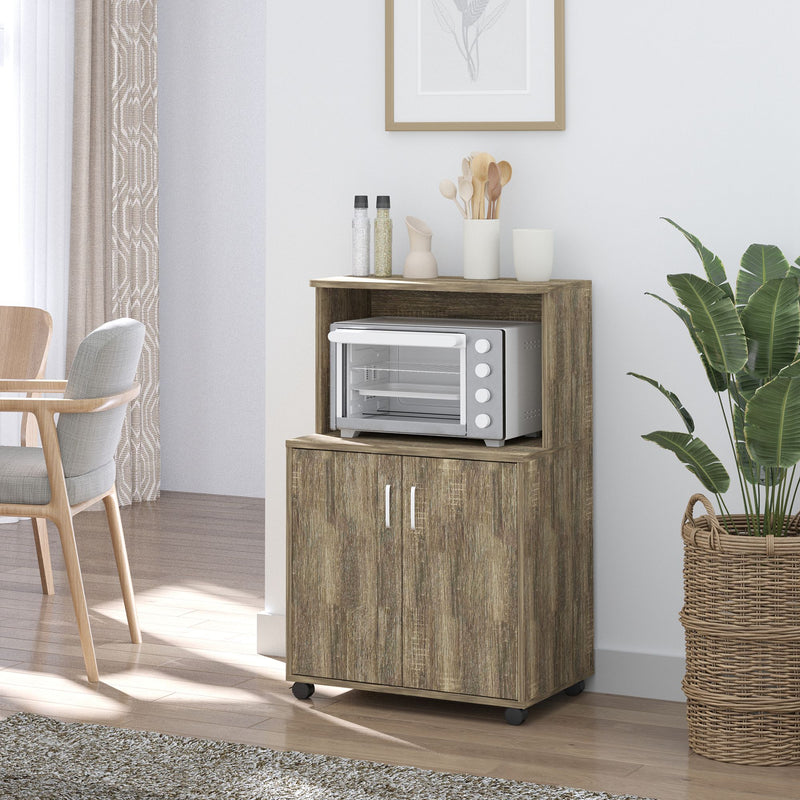 HOMCOM Kitchen Storage Unit Microwave Cart Trolley w/ Cabinet Wheels Shelf Grey