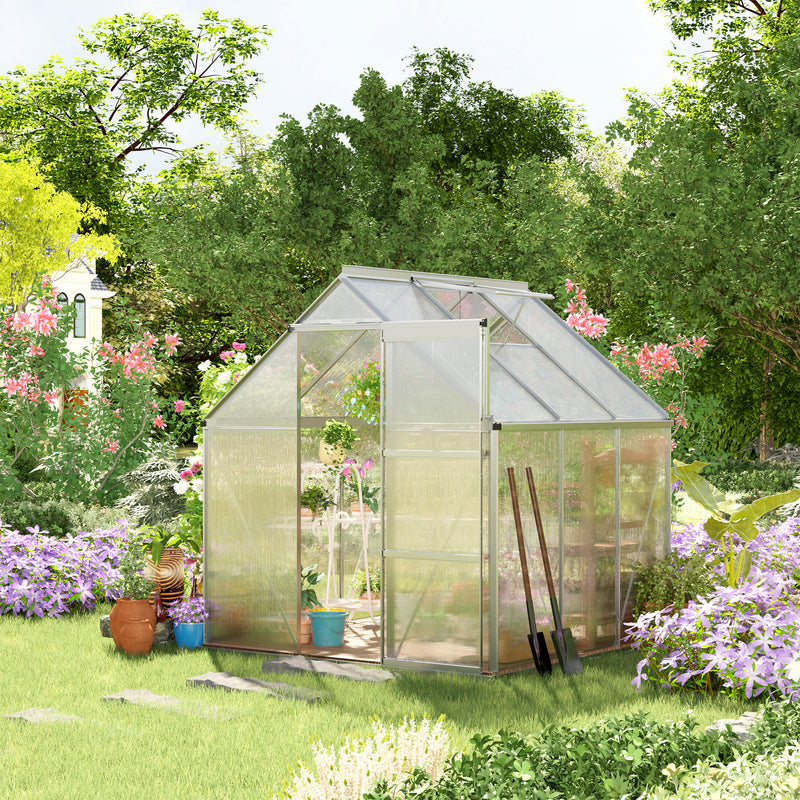 Outsunny 6x6ft Walk-In Greenhouse Polycarb. Panels Aluminium Frame Sliding Door