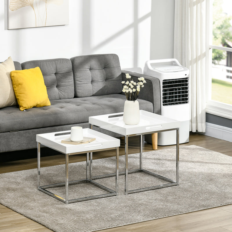 HOMCOM Coffee Table Set of 2 High Gloss Nest of Tables with Steel Frame, White