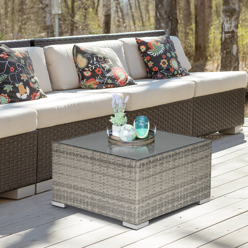 Outsunny Patio Wicker Coffee Table w/ Glass Top Suitable for Garden Backyard