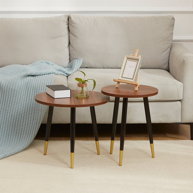 HOMCOM 2 Pieces Round Nesting Coffee Tables with Steel Frame Walnut brown