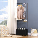 HOMCOM Clothes Rail Bamboo Coat Stand Garment Rack W/ Shelves Fabric Box Walnut