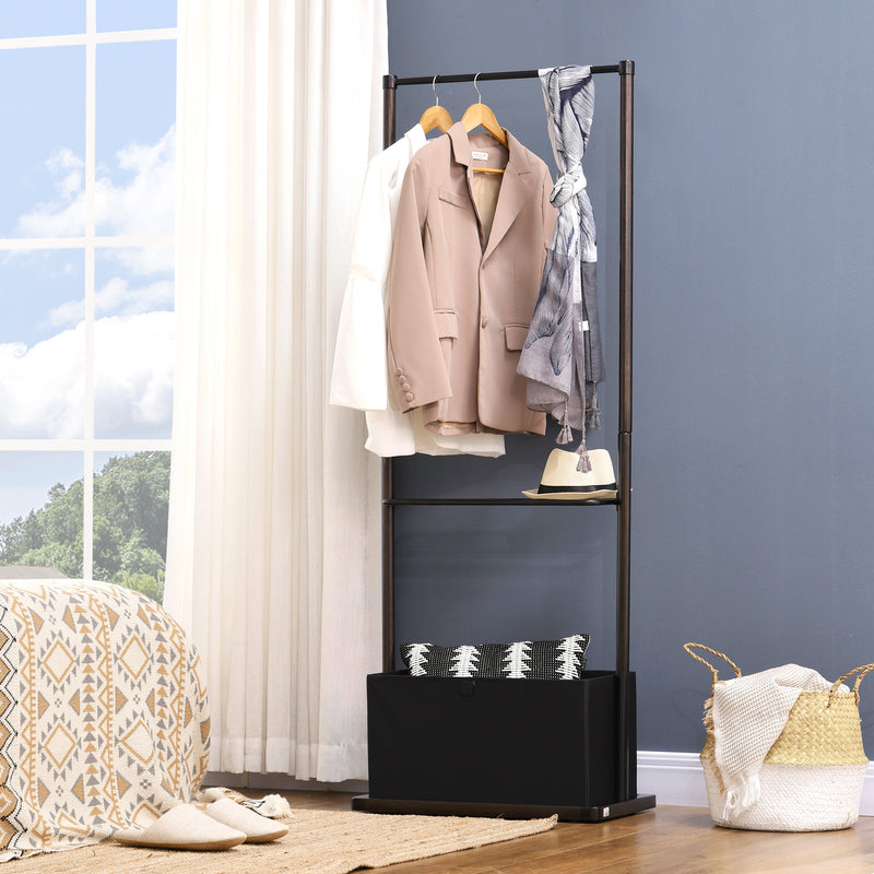 HOMCOM Clothes Rail Bamboo Coat Stand Garment Rack W/ Shelves Fabric Box Walnut