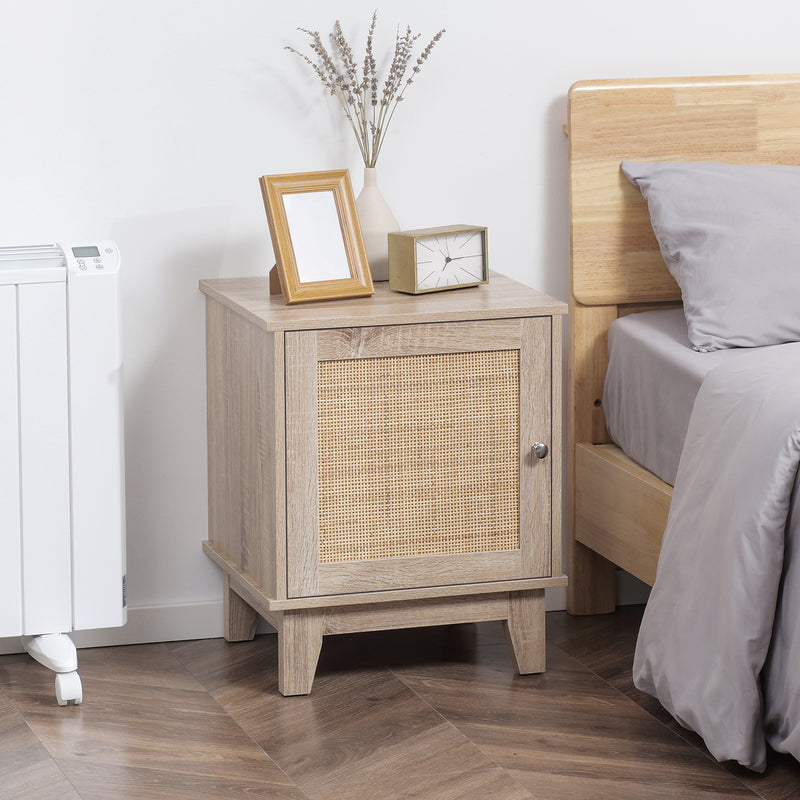 HOMCOM Nightstand, Rattan Bedside Table, Sofa Side Table w/ Storage Cupboard