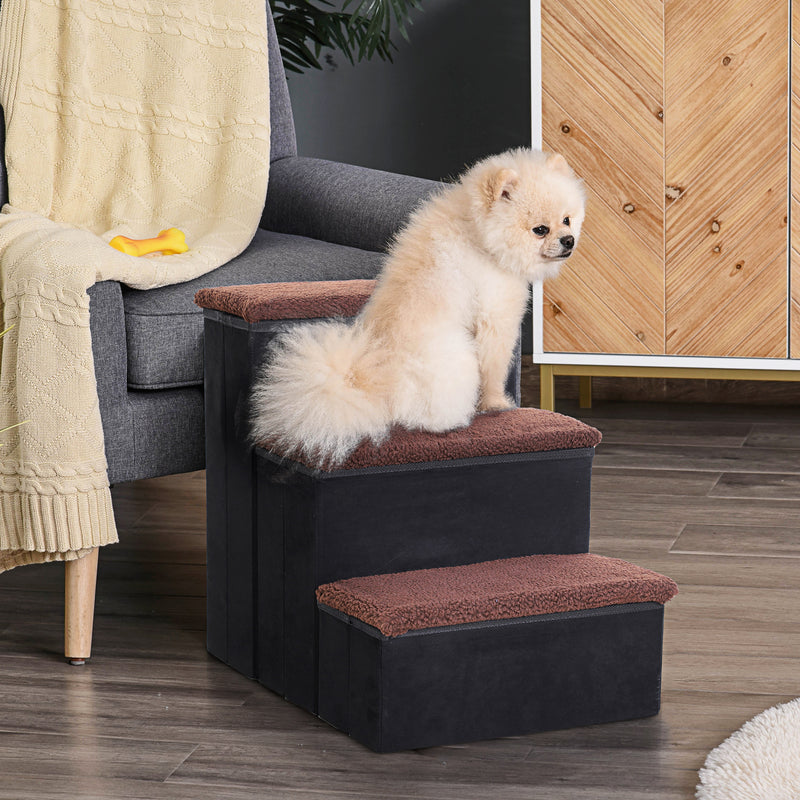PawHut 3 Step Pet Stairs Portable Mobility Assistance w/ Washable Cover Black