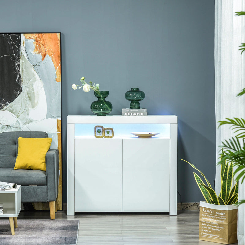 HOMCOM Modern High Gloss RGB LED Cabinet Cupboard Sideboard Console White