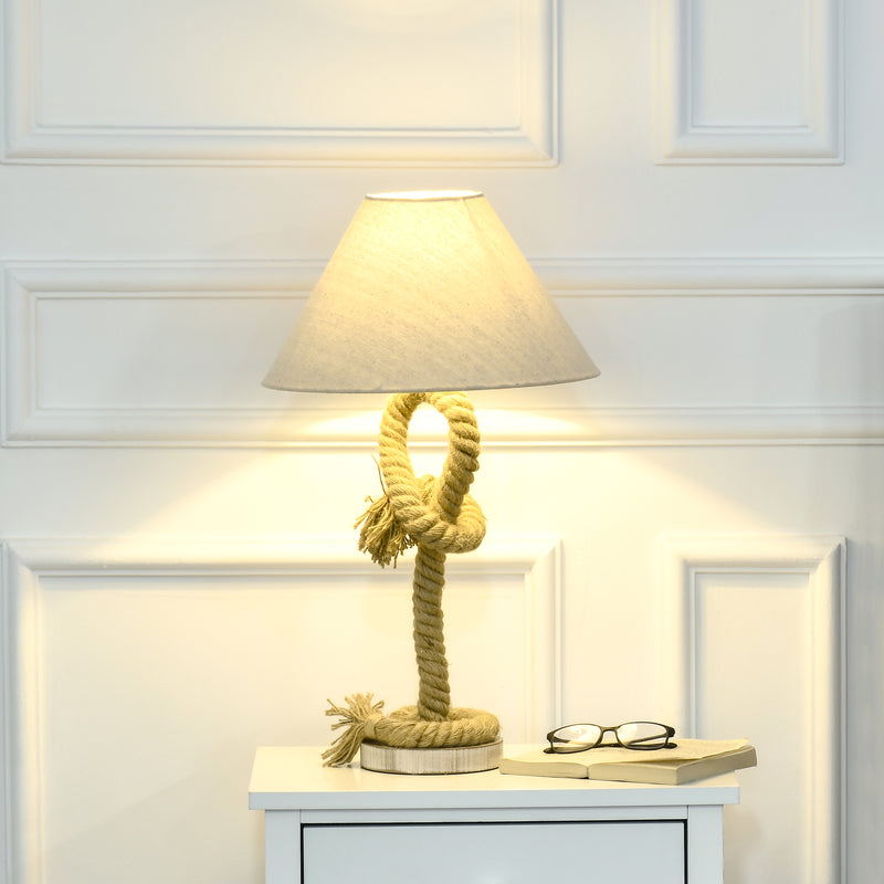 HOMCOM Farmhouse Table Lamp with Fabric Lampshade Twisted Hemp Rope for Study
