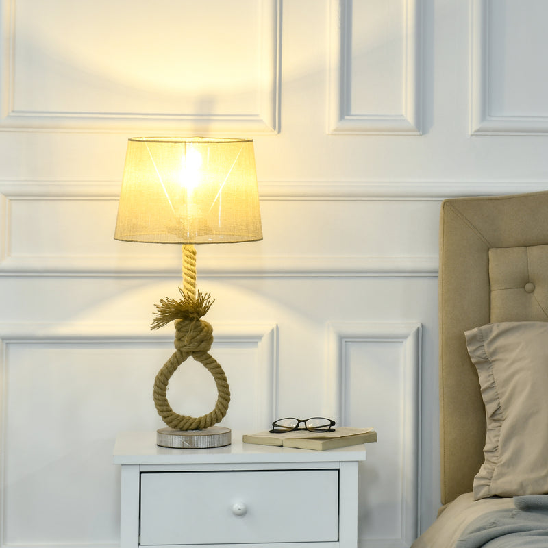 HOMCOM Farmhouse Table Lamp with Fabric Lampshade Knotted Hemp Rope for Study