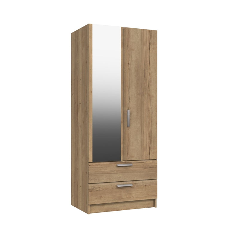 Buckingham Ready Assembled Wardrobe with 2 Doors, Drawers & Mirror - Natural Rustic Oak