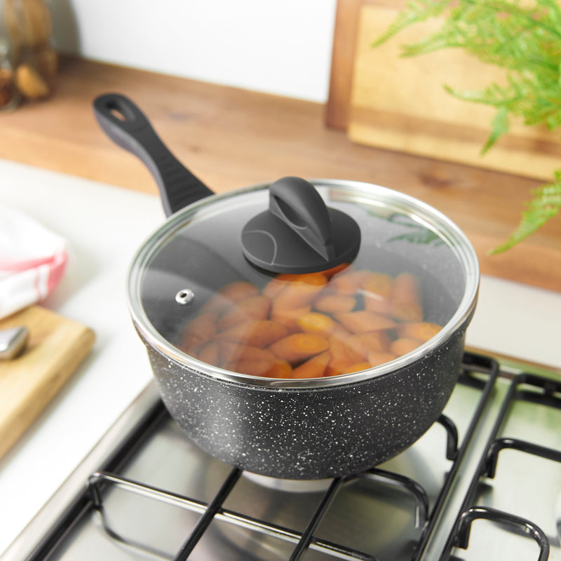 Lewis's  Sovereign Stone 20cm Scratch Resistant Easy Clean Non Stick Saucepan & Lid -Black  Marble