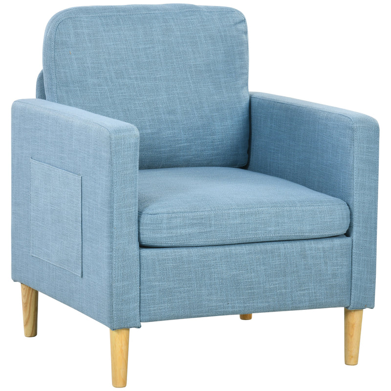 HOMCOM One Seater Sofa for Living Room, Modern Fabric Couch with Wood Legs and 2 Pockets for Bedroom and Home Office, Blue