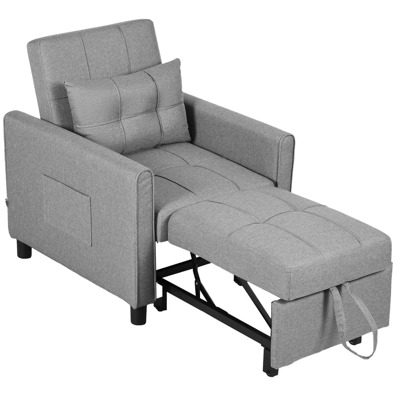 HOMCOM 3 In 1 Pull Out Chair Bed, Convertible Sleeper Chair with Adjustable Backrest, Pillow, Side Pockets for Home Office, Bedroom, Living Room, Light Grey