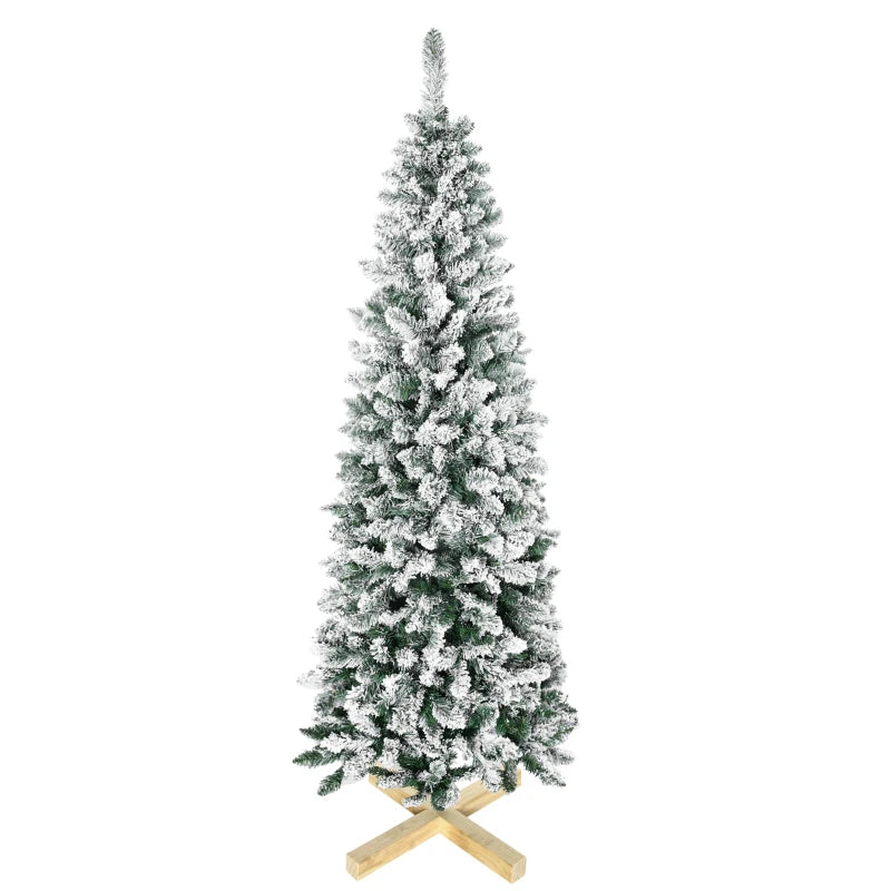 HOMCOM Christmas Tree Snow Flocked Slim 6' with Pinewood Base