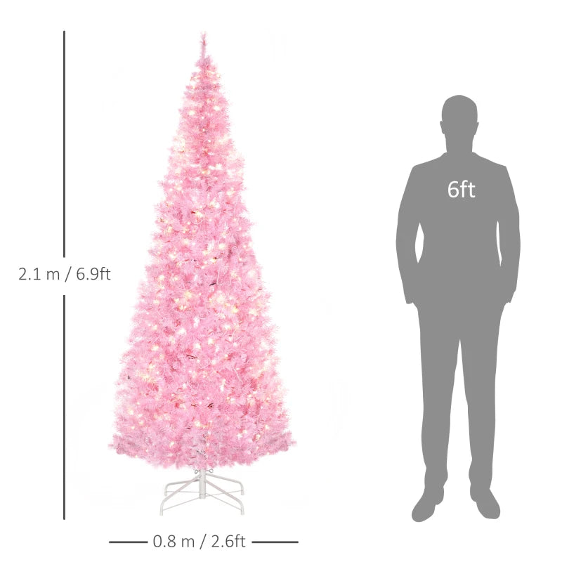 HOMCOM Christmas Tree Slim Pink 7' with 350 Warm White LED Lights