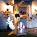 Halloween Inflatable Ghost Tree with White Ghost and Tombstone 8'